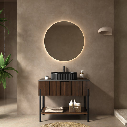 Modern ZENO 36" Freestanding Bathroom Vanity with Black Ceramic Vessel Sink and Dark Walnut Storage Cabinet