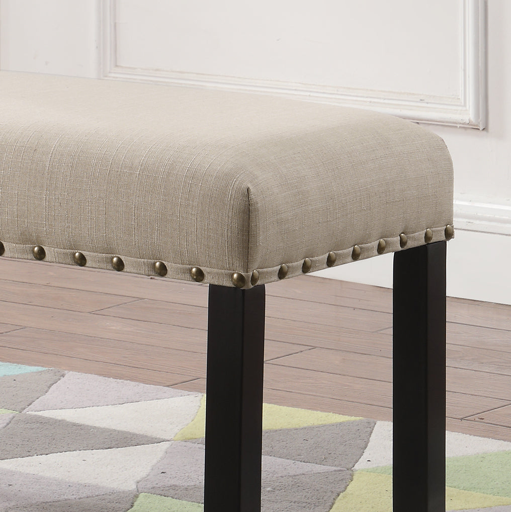 Dining Bench with Nailhead Trim, Linen-Cotton Upholstery, Solid Hardwood Legs, 44W x 16.5D x 19H, Tan