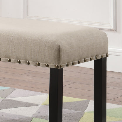 Dining Bench with Nailhead Trim, Linen-Cotton Upholstery, Solid Hardwood Legs, 44W x 16.5D x 19H, Tan