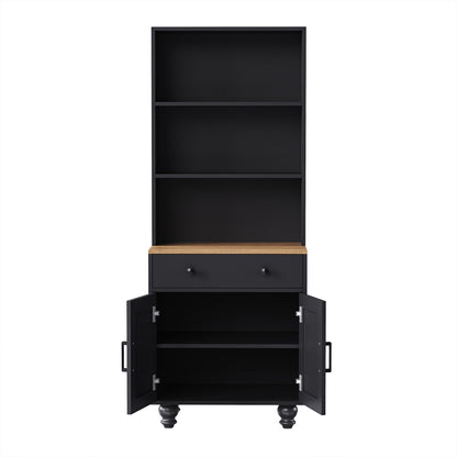 Elegant Black Farmhouse Storage Cabinet with Adjustable Shelves and Gourd-Shaped Legs, Versatile Kitchen Pantry and Bookshelf Solution
