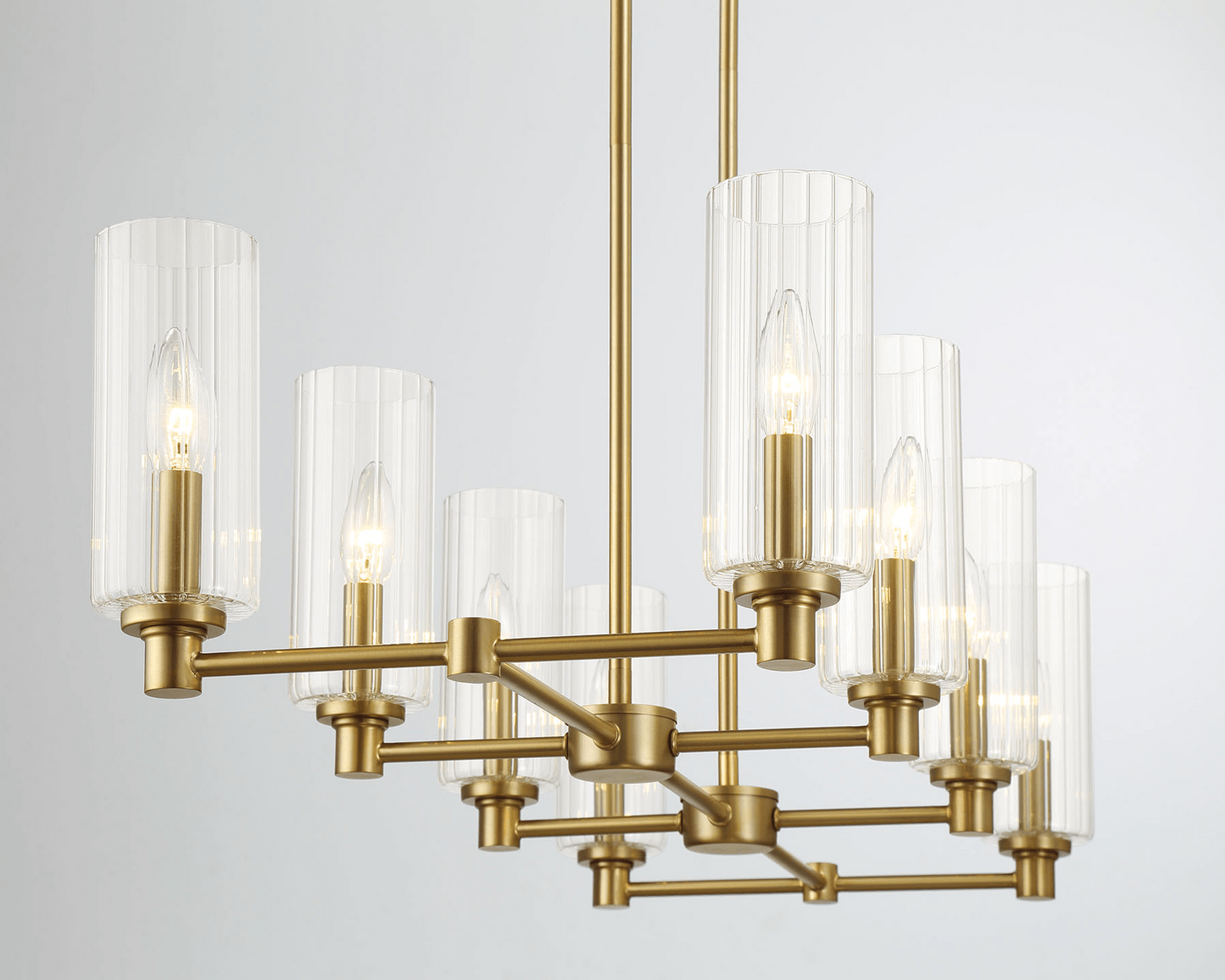 Eight-Light Island Pendant Light with Clear Ribbed Glass, 36in Long, 15in Wide, 9in High, Satin Brass