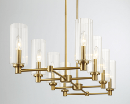 Eight-Light Island Pendant Light with Clear Ribbed Glass, 36in Long, 15in Wide, 9in High, Satin Brass