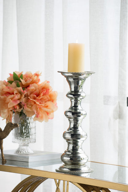 Pillar Candle Holder, 6.1 x 6.1 x 14.8 in, Glass, Traditional Mantel Decor, Antiqued Silver