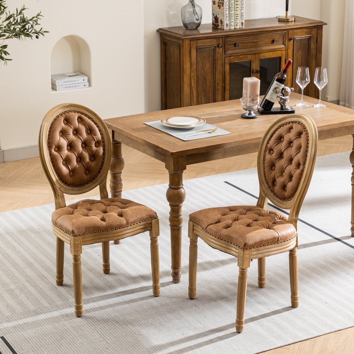 French Style Solid Wood Dining Chair Set of 2 with PU Leather, Nailhead, High Back, Rubberwood Orange