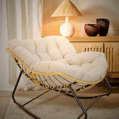 Outdoor Rocking Chair With Metal Frame Papasan Style Lounge With Rattan Wicker For Patio Living Room Porch Garden Beige
