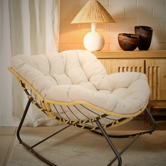 Outdoor Rocking Chair With Metal Frame Papasan Style Lounge With Rattan Wicker For Patio Living Room Porch Garden Beige