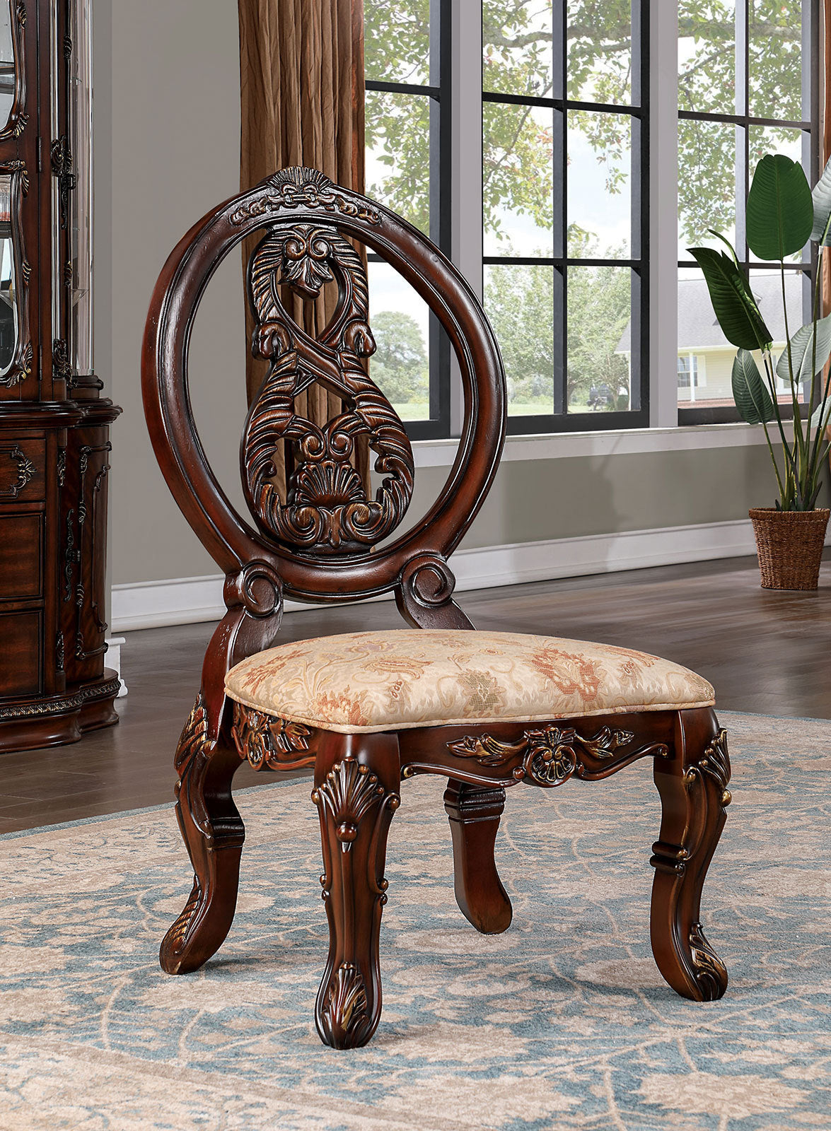 2-Piece Traditional Solid Wood Dining Side Chairs with Fabric Seats, Welt, Cabriole Legs, Round Back Tan