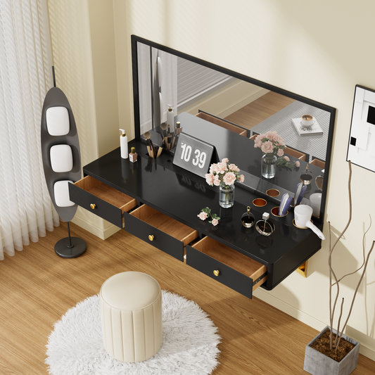 47-Inch Floating Shelf with Drawer — Wall-Mounted Vanity Desk for Bedroom/Bath Salon Table Black & Gold