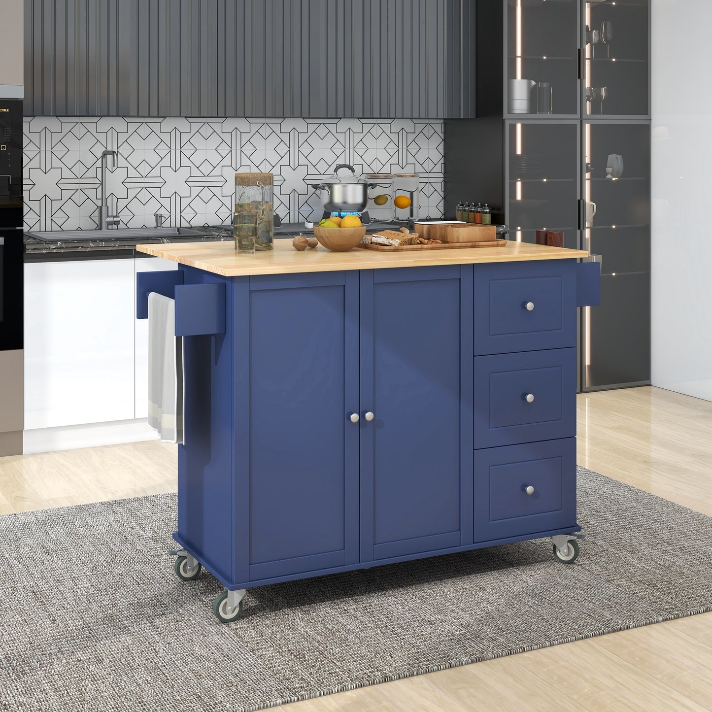 Versatile Rolling Kitchen Cart with Drop Leaf - Sturdy Solid Wood Top, Locking Wheels & Ample Storage (Dark Blue)