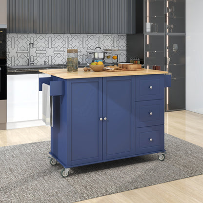 Versatile Rolling Kitchen Cart with Drop Leaf - Sturdy Solid Wood Top, Locking Wheels & Ample Storage (Dark Blue)