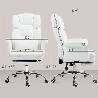 Luxurious White PU Leather Ergonomic Office Chair with Reclining Function, Footrest, and Lumbar Support