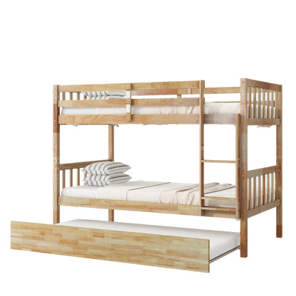 Convertible Twin Over Twin Bunk Bed with Trundle, Rubber Wood Design, Ladder & Safety Guardrails, Natural Finish