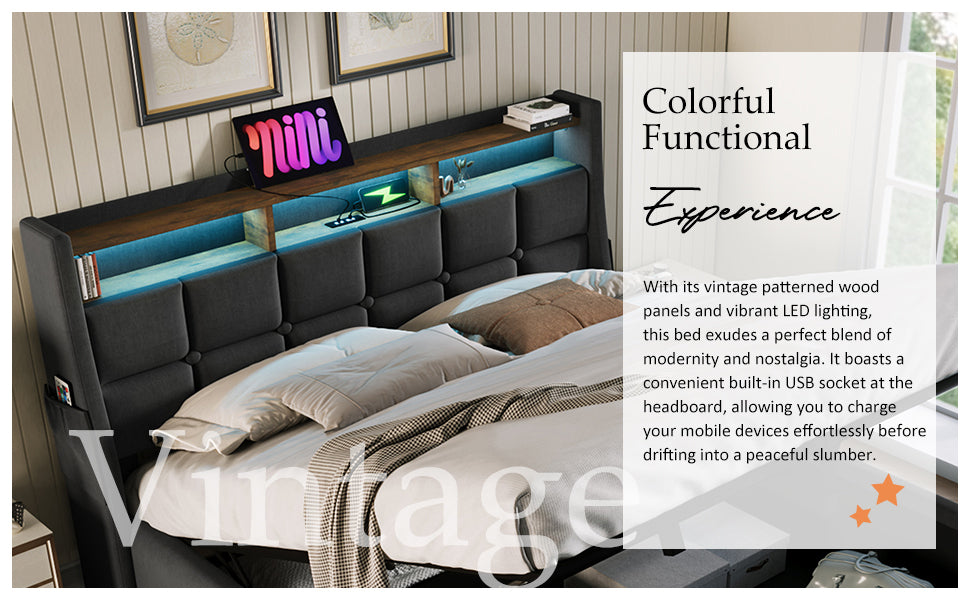 Modern Queen Size Upholstered Platform Bed with Hydraulic Storage, LED Lighting, and USB Port - Grey (Mattress Not Included)