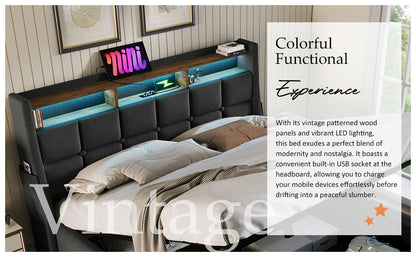 Modern Queen Size Upholstered Platform Bed with Hydraulic Storage, LED Lighting, and USB Port - Grey (Mattress Not Included)