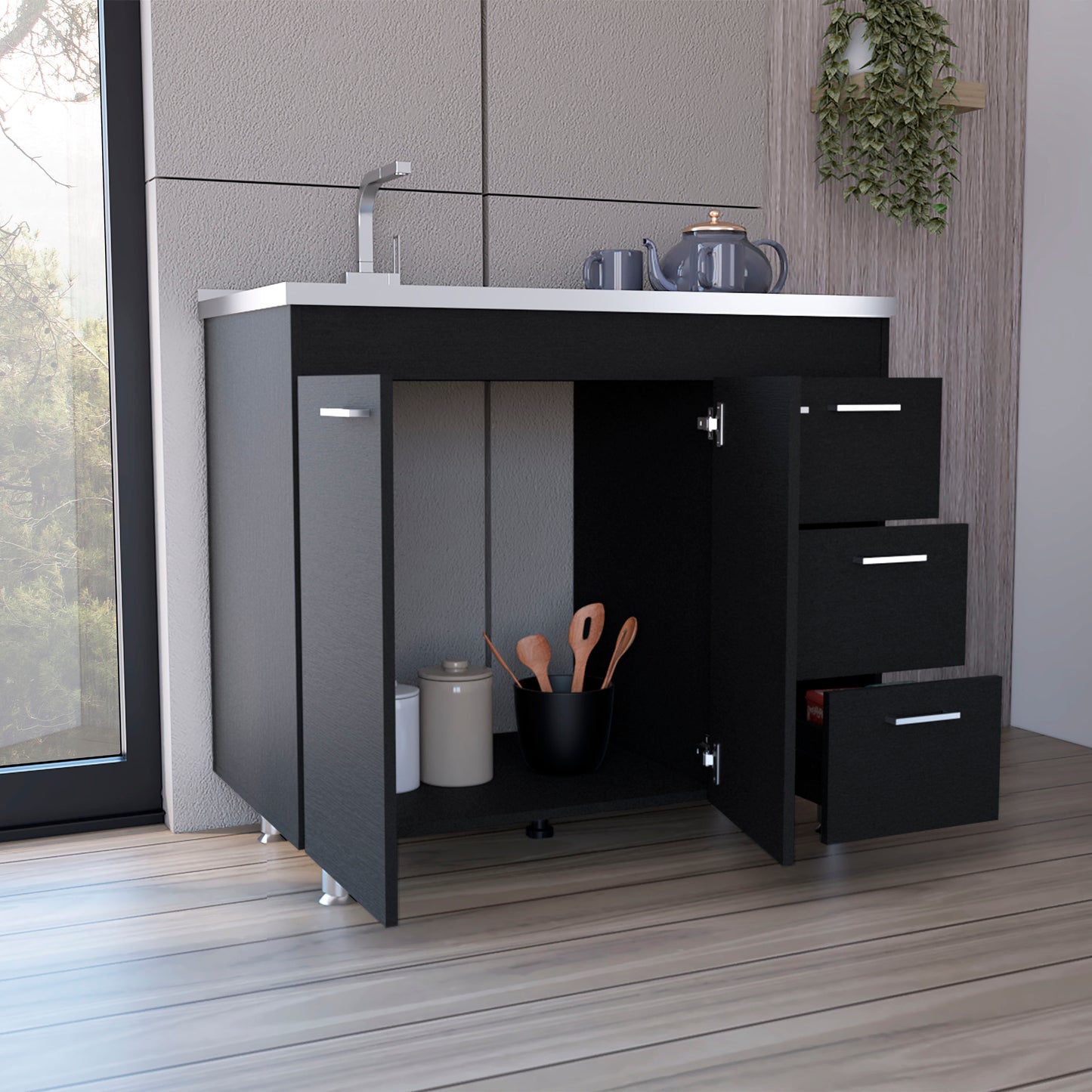 Modern Black Utility Sink with Three Drawers and Double Door Cabinet