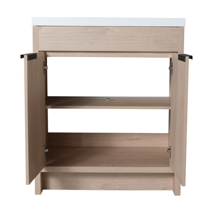 30-Inch Light Oak Freestanding Bathroom Cabinet with Soft-Close Doors & Integrated Resin Sink