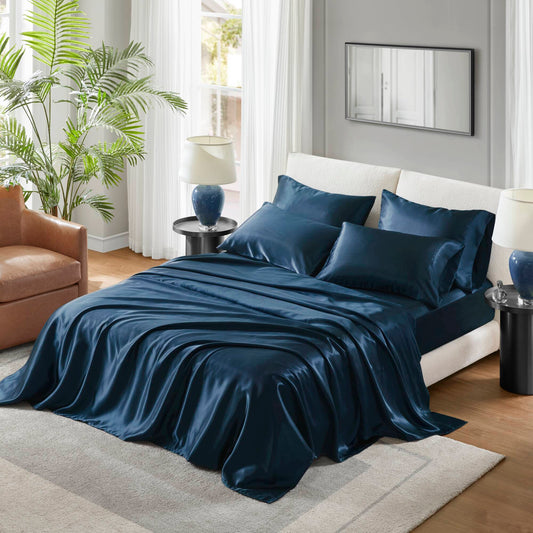 Queen Satin Luxury Sheet Set - 4-Piece Flat & Fitted Sheets, 100% Polyester Satin, Fits 16-Inch Mattress - Dark Blue