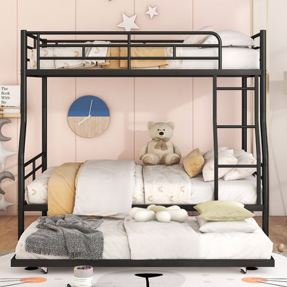 Stylish Black Full XL Over Queen Metal Bunk Bed with Trundle for Optimal Space Utilization