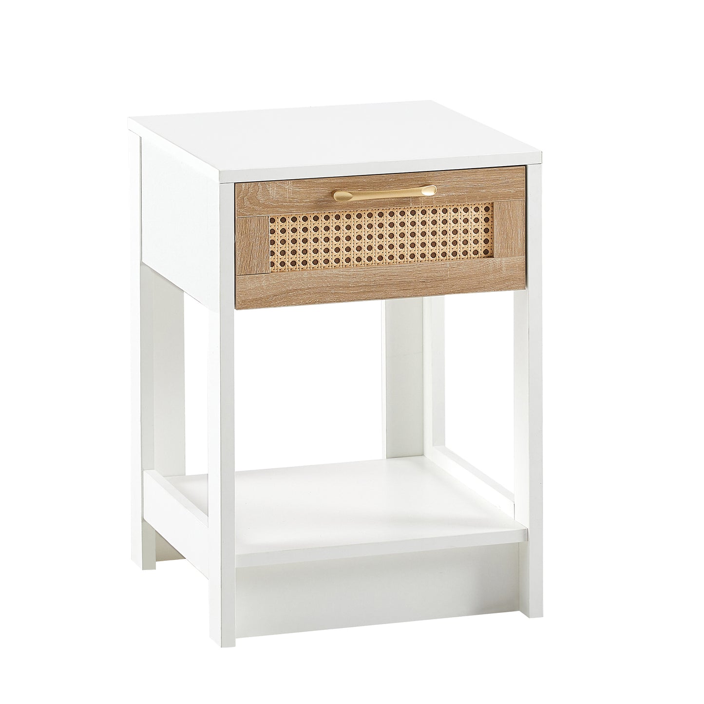End Table with Drawer, 15.75-Inch Square, Modern MDF with Rattan Panels, Living Room, White