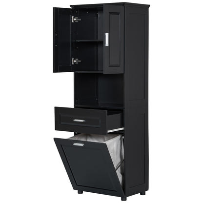Stylish Tall Black Bathroom Storage Cabinet with Removable Laundry Basket and Ample Organizing Space