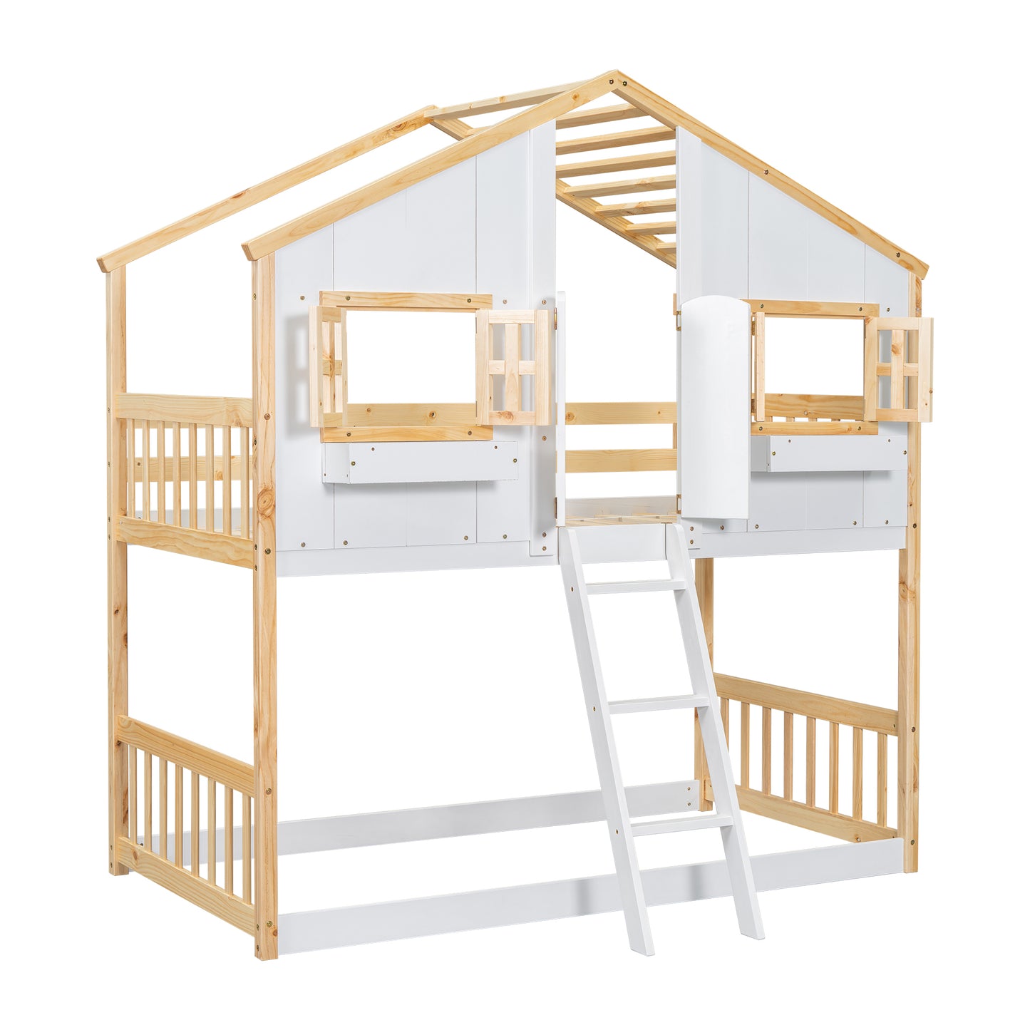 Twin House Bunk Bed for Kids with Roof, Windows, and Safety Features - Natural/White Finish