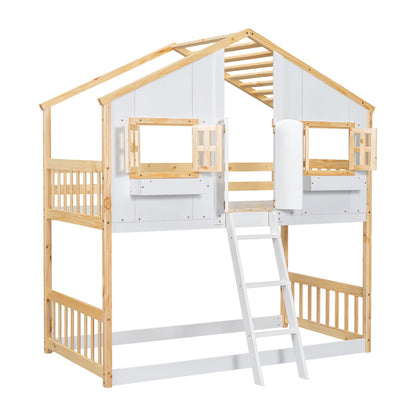 Twin House Bunk Bed for Kids with Roof, Windows, and Safety Features - Natural/White Finish