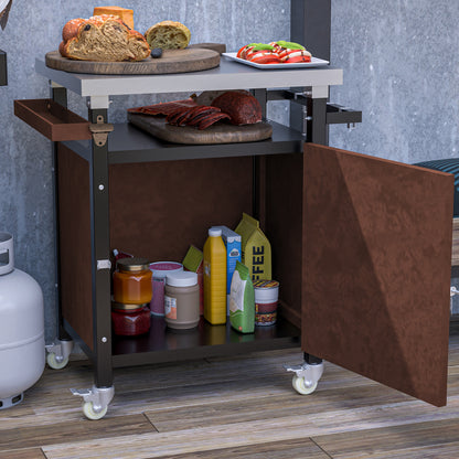 Rolling Outdoor Grill Cart with Stainless Steel Surface, Versatile Patio Kitchen Island, Mobile BBQ Serving Station with Storage, Hooks, and Spice Rack