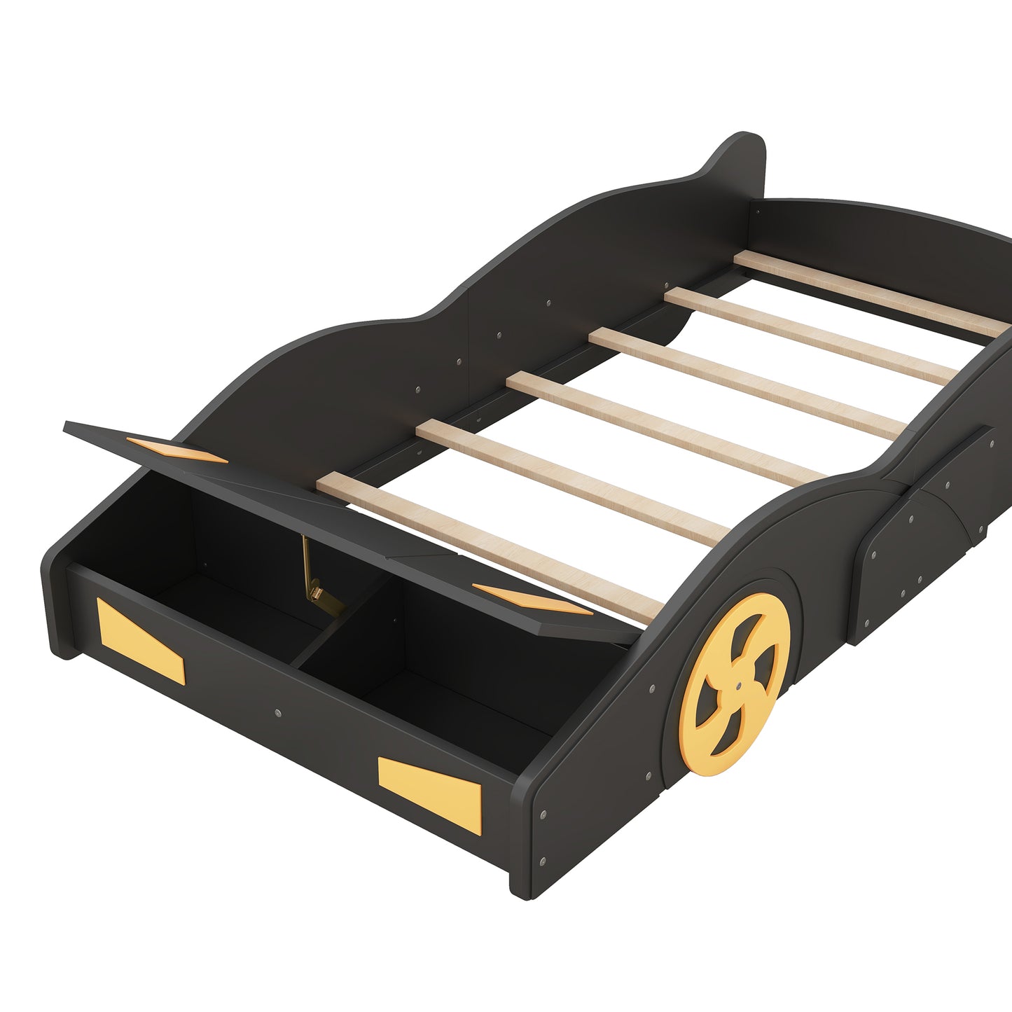 Twin Size Race Car Platform Bed with Storage and Wheels in Black and Yellow