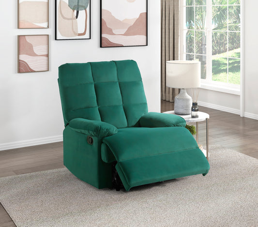 Manual Recliner Chair with Velvet Upholstery, Square Tufted Back, Pillow-Top Arms, Wood Frame, 1pc Green