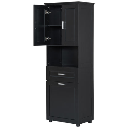 Stylish Tall Black Bathroom Storage Cabinet with Removable Laundry Basket and Ample Organizing Space