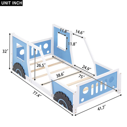 Blue Twin Size Car-Themed Platform Bed with Wheels