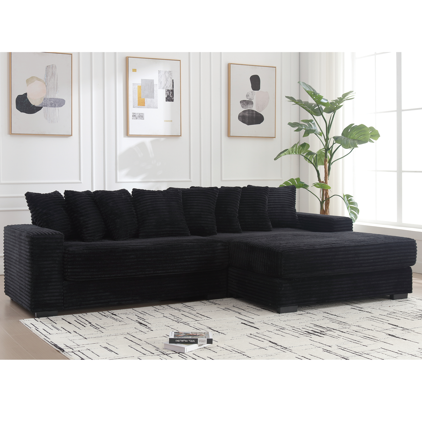 Oversized sectional sofa, right chaise, corduroy fabric, 8 pillows, 111in L-shaped 60in D, Black