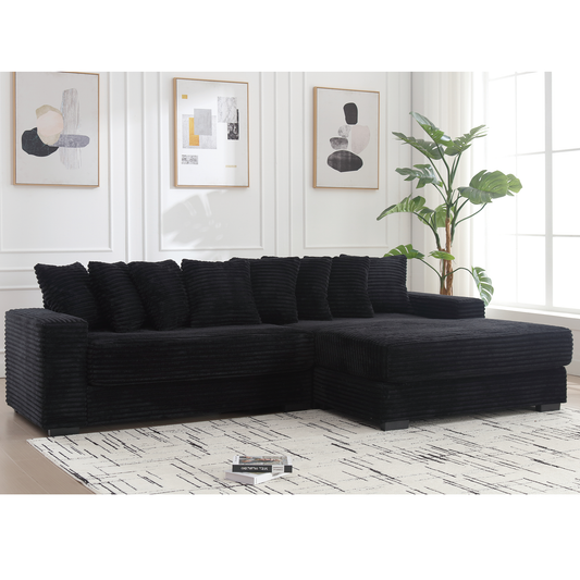 Oversized sectional sofa, right chaise, corduroy fabric, 8 pillows, 111in L-shaped 60in D, Black