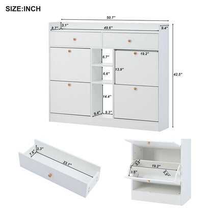 Stylish Modern White Shoe Cabinet with 4 Flip Drawers, 2-Tier Shoe Storage Organizer for Entryway, Space-Saving Free Standing Rack