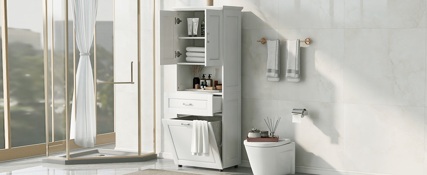 White Tall Storage Cabinet with Tilt-Out Laundry Hamper and Upper Shelves