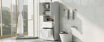 White Tall Storage Cabinet with Tilt-Out Laundry Hamper and Upper Shelves