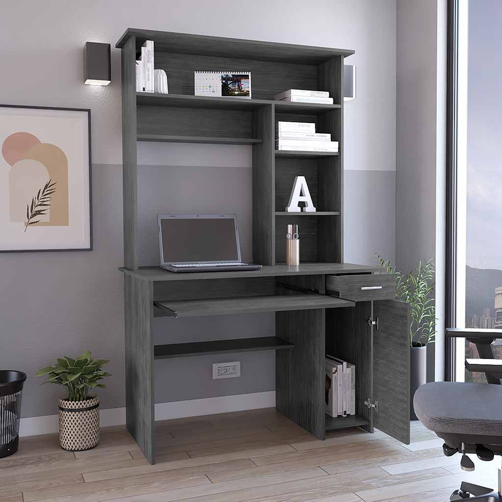 Smokey Oak Compu Hutch Desk with Keyboard Tray, CPU Door Panel, Shelves, and Drawer