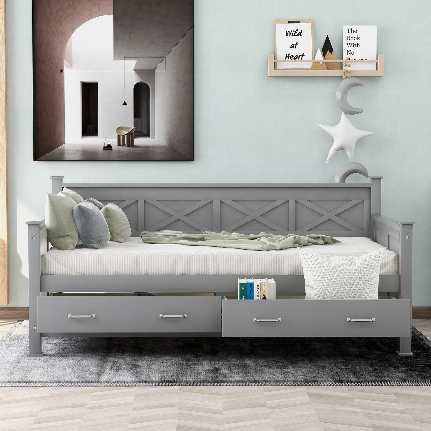 Elegant Twin Size Daybed with Spacious Drawers, X-Frame Design, Modern Rustic Appeal in Gray