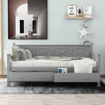 Elegant Twin Size Daybed with Spacious Drawers, X-Frame Design, Modern Rustic Appeal in Gray