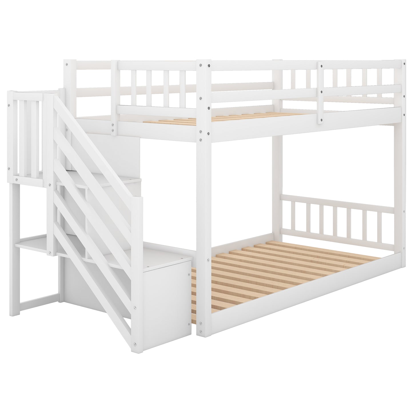 Space-Saving Twin Over Twin Bunk Bed with Storage Ladder in White