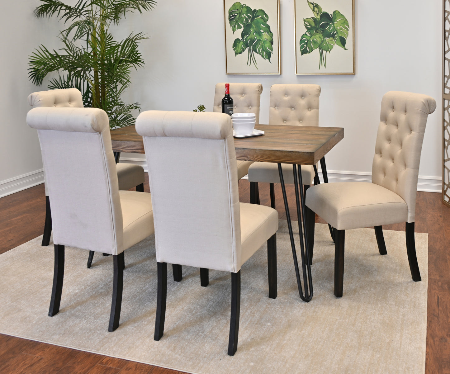 7 Piece Dining Set With Hairpin Table And Six Chairs Brown