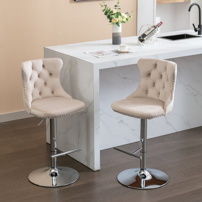 Swivel Velvet Bar Stools Adjustable Height Beige Chrome Base