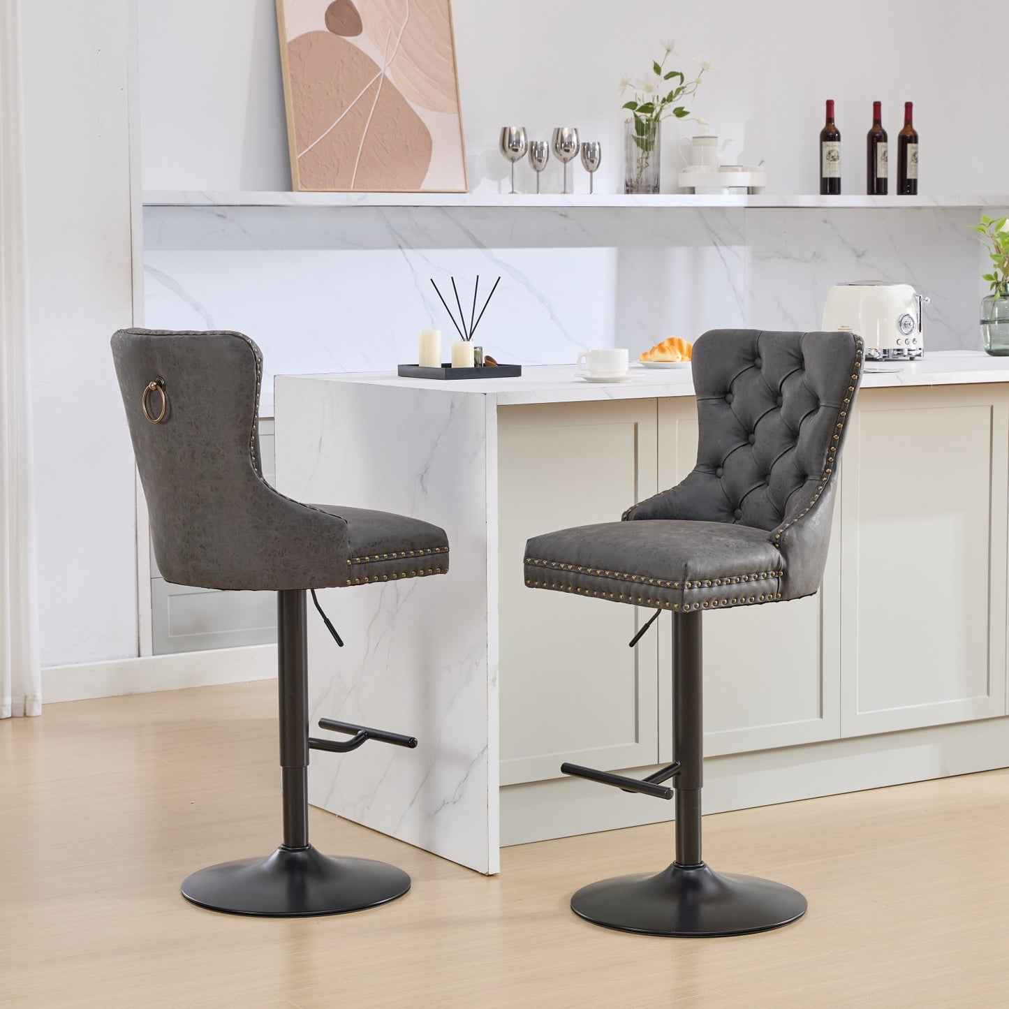 Tufted Back Swivel Bar Stools, PU Upholstery, Set of 2, Counter Height, for Home Bar, Aged Finish