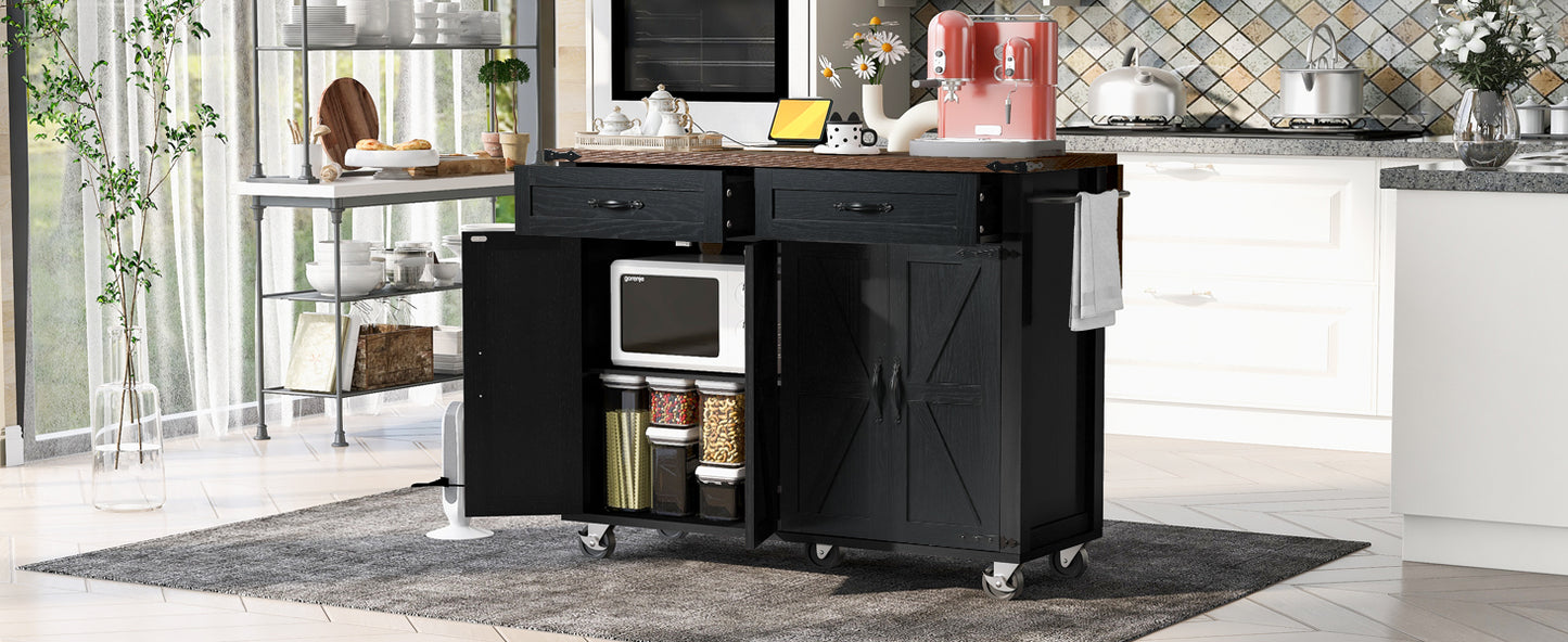Rolling Farmhouse Kitchen Island with Power Outlet, Drop Leaf Design, Ample Storage, and Spice Rack - Black