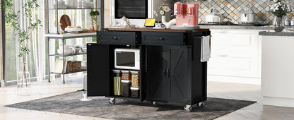 Rolling Farmhouse Kitchen Island with Power Outlet, Drop Leaf Design, Ample Storage, and Spice Rack - Black