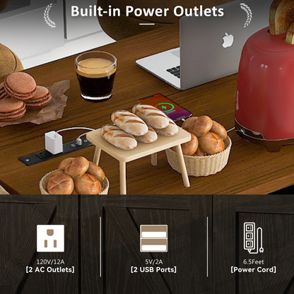 Rolling Farmhouse Kitchen Island with Power Outlet, Drop Leaf Design, Ample Storage, and Spice Rack - Black