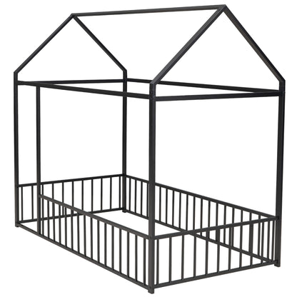 Twin Size Black Metal House Bed Frame with Playful Roof and Fence for Kids and Teens