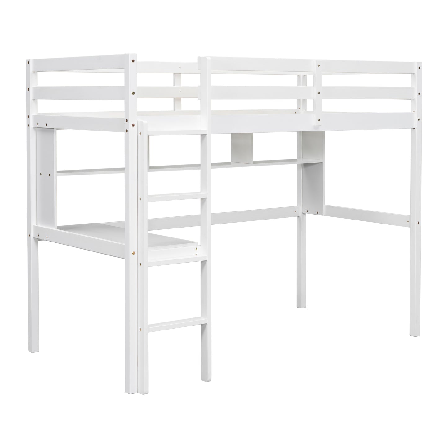 Twin Loft Bed with Integrated Desk and Shelves, Safety Guardrails, and Ladder in White