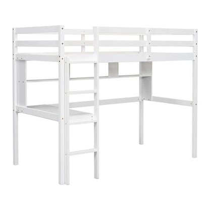 Twin Loft Bed with Integrated Desk and Shelves, Safety Guardrails, and Ladder in White