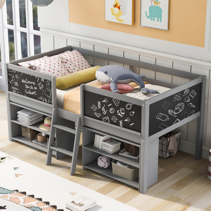 Twin Size Low Loft Bed with Creative Chalkboard Guardrails and Adjustable Storage Shelves, Gray